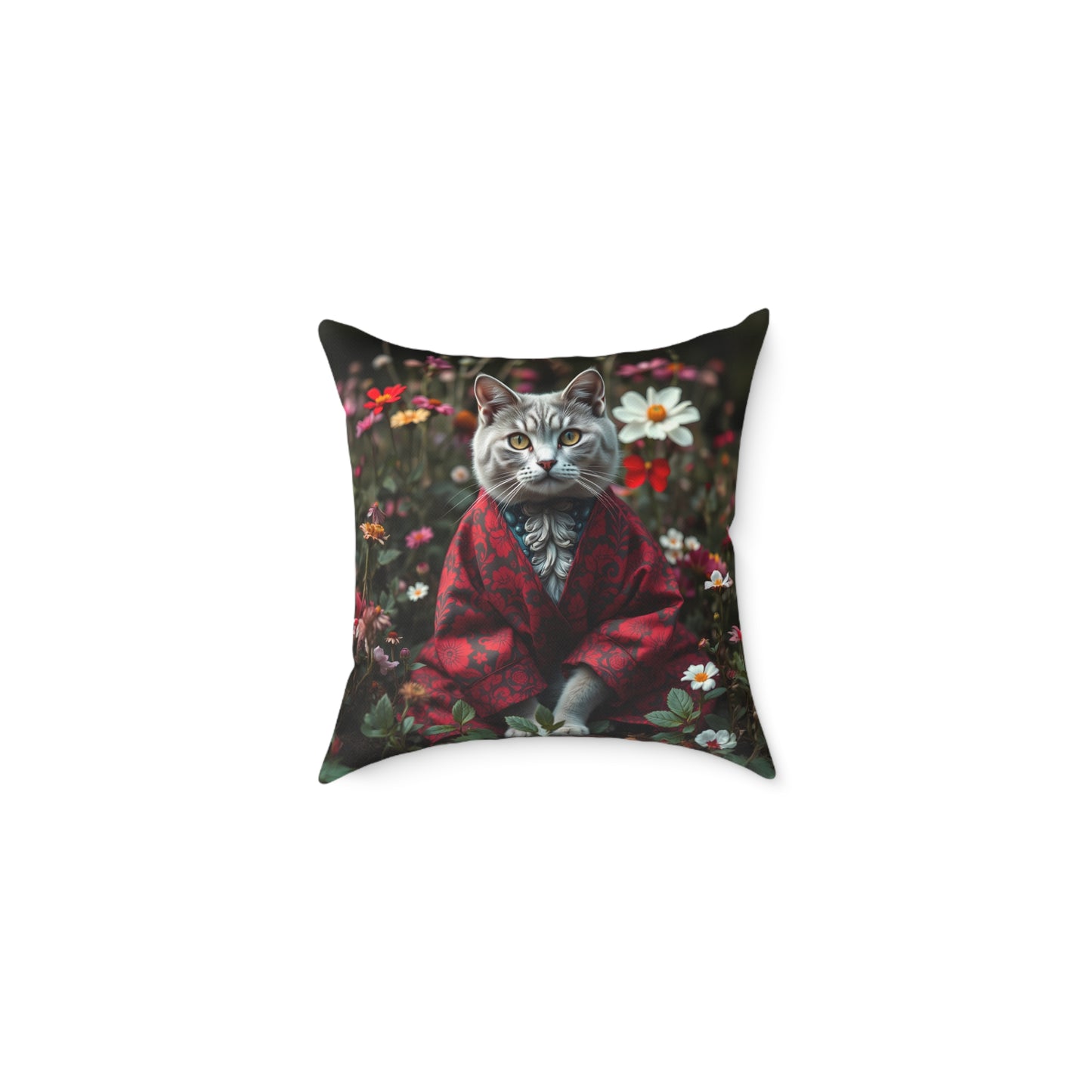 William Morris Style Cat in Kimono and Flowers Square Pillow, Botanicals and Flowers, insert included - Homevalley.co.uk