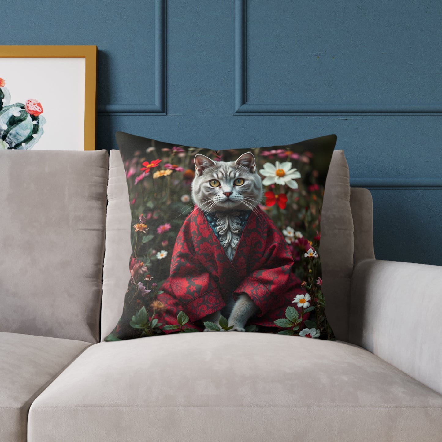William Morris Style Cat in Kimono and Flowers Square Pillow, Botanicals and Flowers, insert included - Homevalley.co.uk