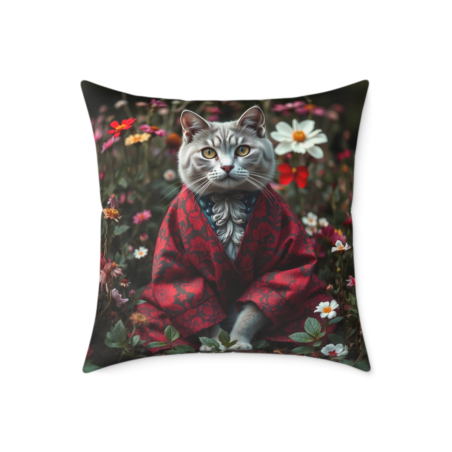 William Morris Style Cat in Kimono and Flowers Square Pillow, Botanicals and Flowers, insert included - Homevalley.co.uk