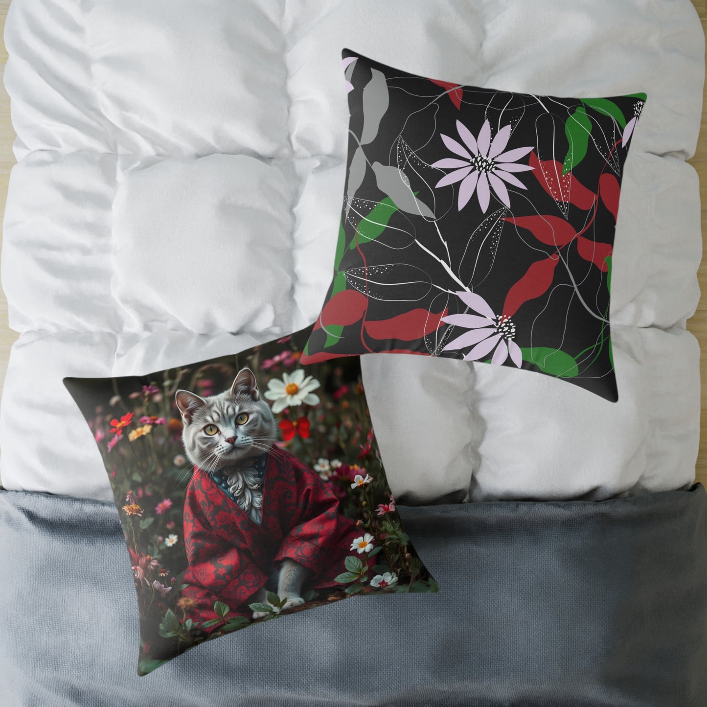 William Morris Style Cat in Kimono and Flowers Square Pillow, Botanicals and Flowers, insert included - Homevalley.co.uk