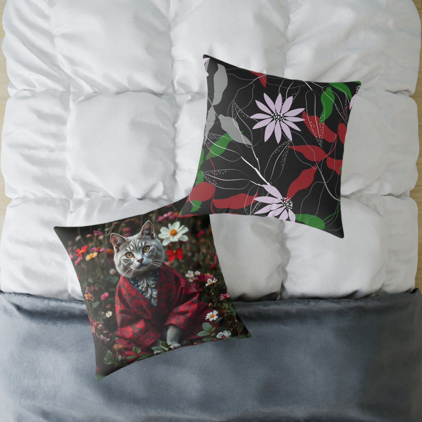 William Morris Style Cat in Kimono and Flowers Square Pillow, Botanicals and Flowers, insert included - Homevalley.co.uk