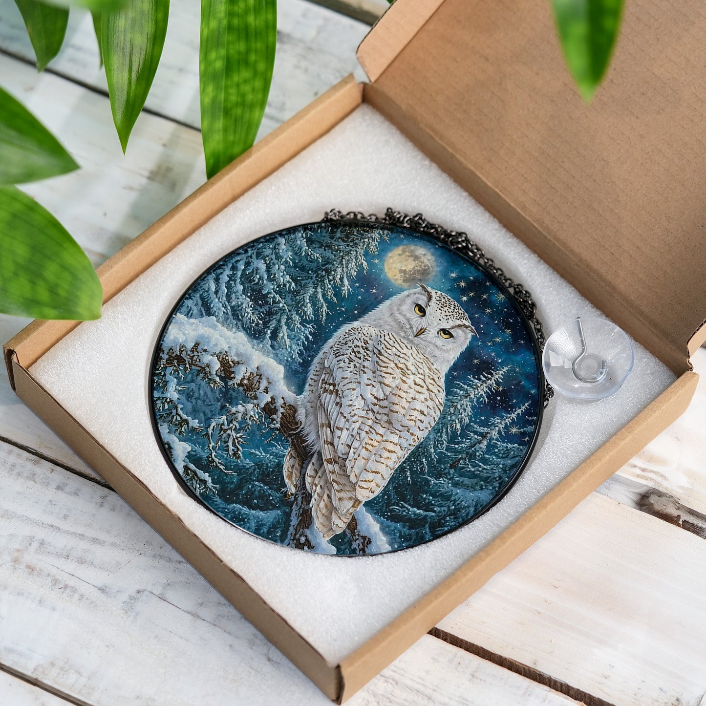 White Owl Stained Glass Effect Suncatcher for Window Hanging