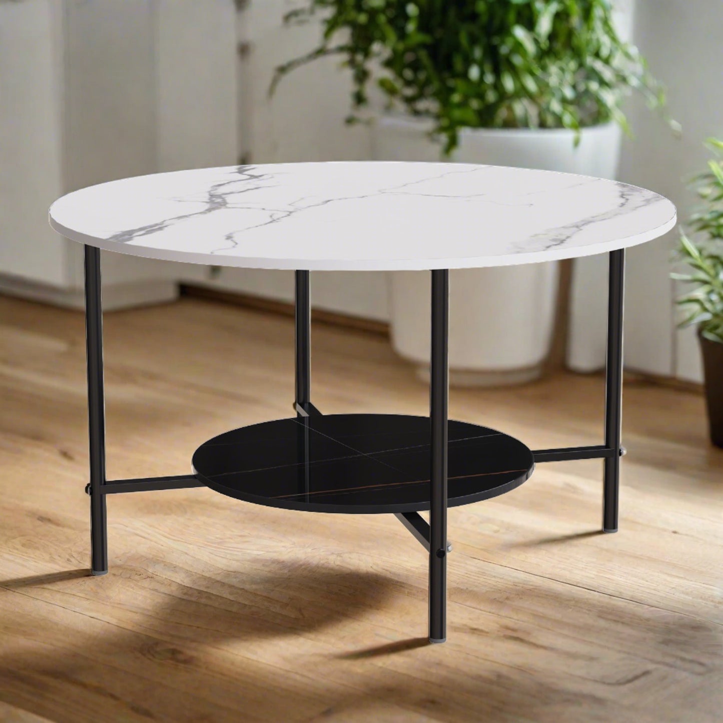 2 Tier Round Coffee Table with Metal Frame - Homevalley.co.uk
