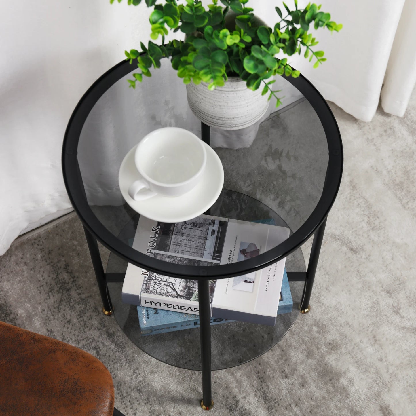 2-Tier Round Glass Coffee Side Table with Metal Steel Frame - Homevalley.co.uk