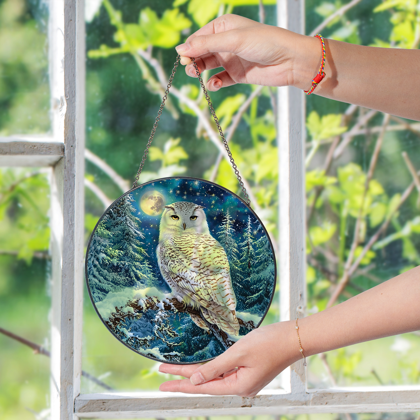 White Owl Stained Glass Effect Suncatcher for Window Hanging