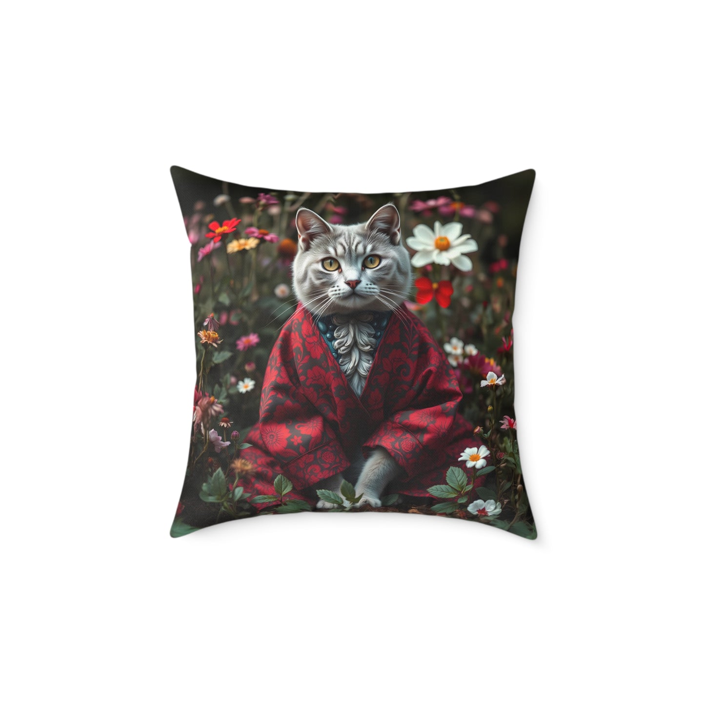William Morris Style Cat in Kimono and Flowers Square Pillow, Botanicals and Flowers, insert included - Homevalley.co.uk