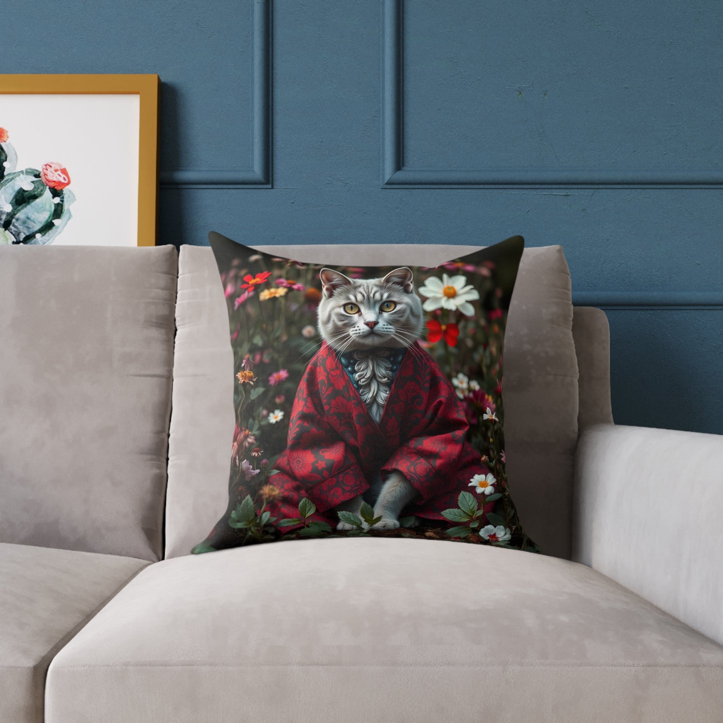 William Morris Style Cat in Kimono and Flowers Square Pillow, Botanicals and Flowers, insert included - Homevalley.co.uk