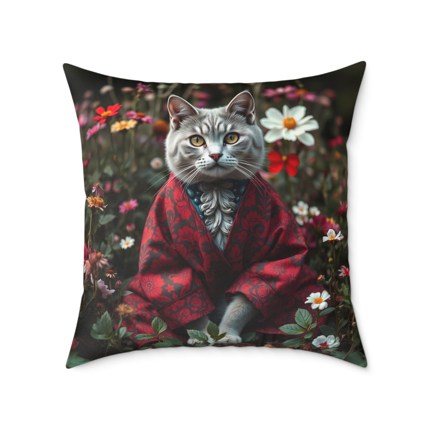 William Morris Style Cat in Kimono and Flowers Square Pillow, Botanicals and Flowers, insert included - Homevalley.co.uk