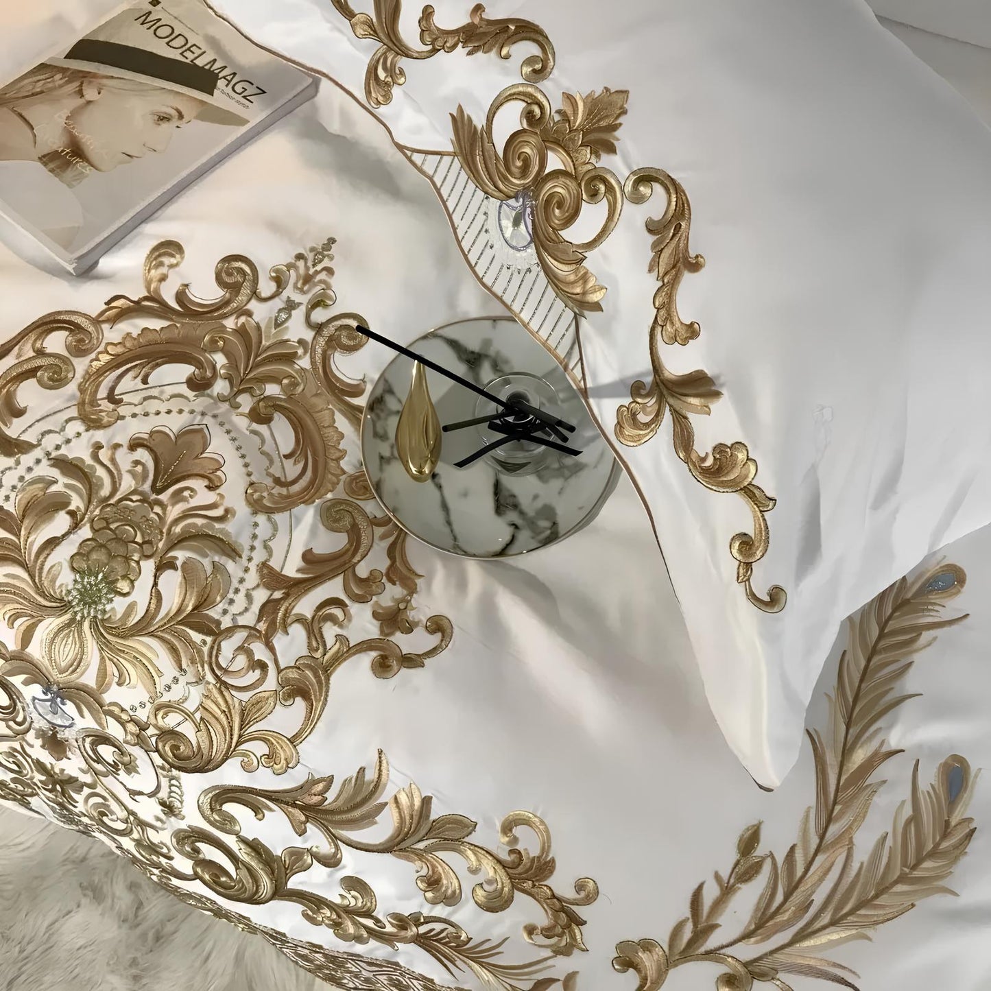 4- 5Pcs Luxury White Satin Cotton with Royal Gold Embroidery Duvet Set, 600TC - Homevalley.co.uk