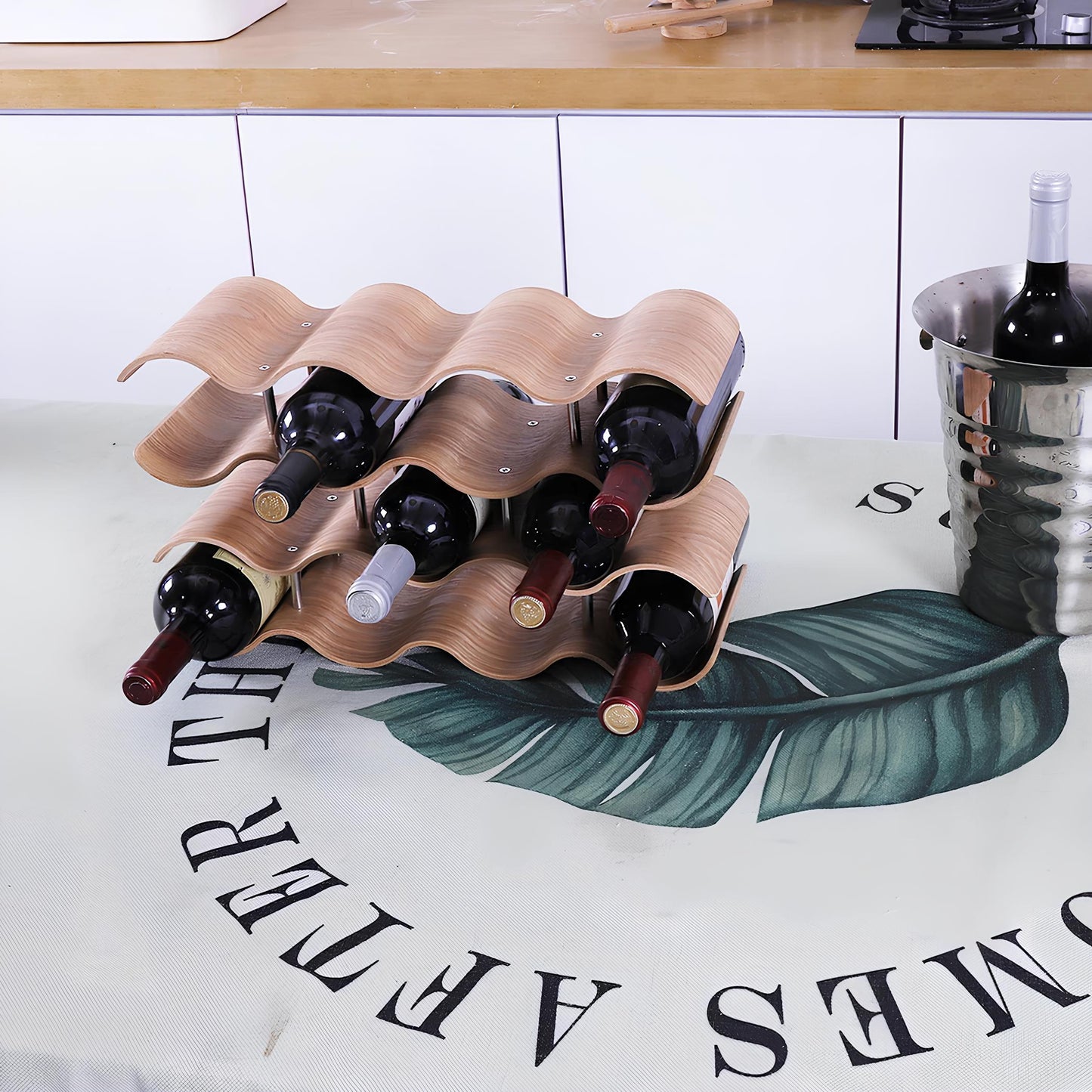 4 Tier Wave Bamboo Wine Rack 14 Bottle Set - Homevalley.co.uk