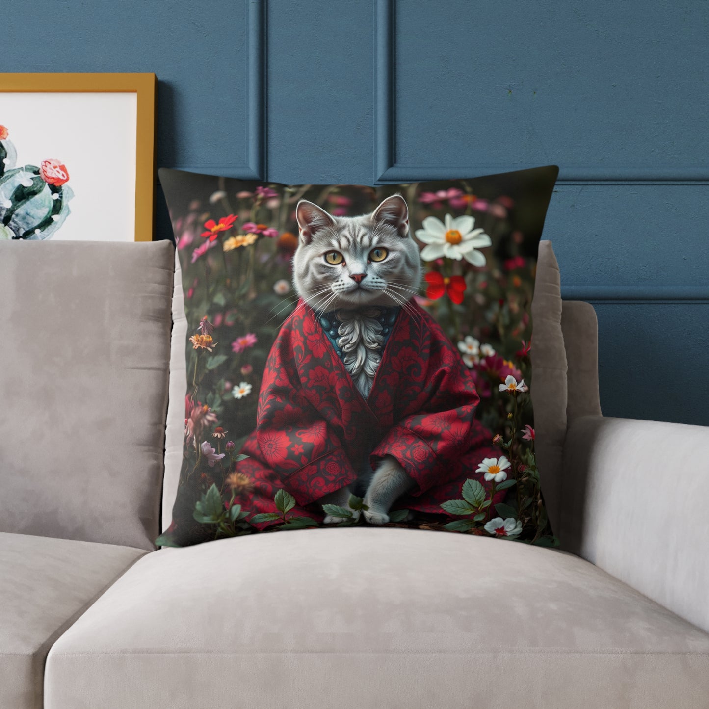 William Morris Style Cat in Kimono and Flowers Square Pillow, Botanicals and Flowers, insert included - Homevalley.co.uk