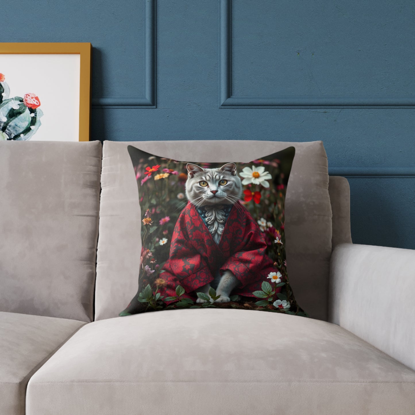 William Morris Style Cat in Kimono and Flowers Square Pillow, Botanicals and Flowers, insert included - Homevalley.co.uk