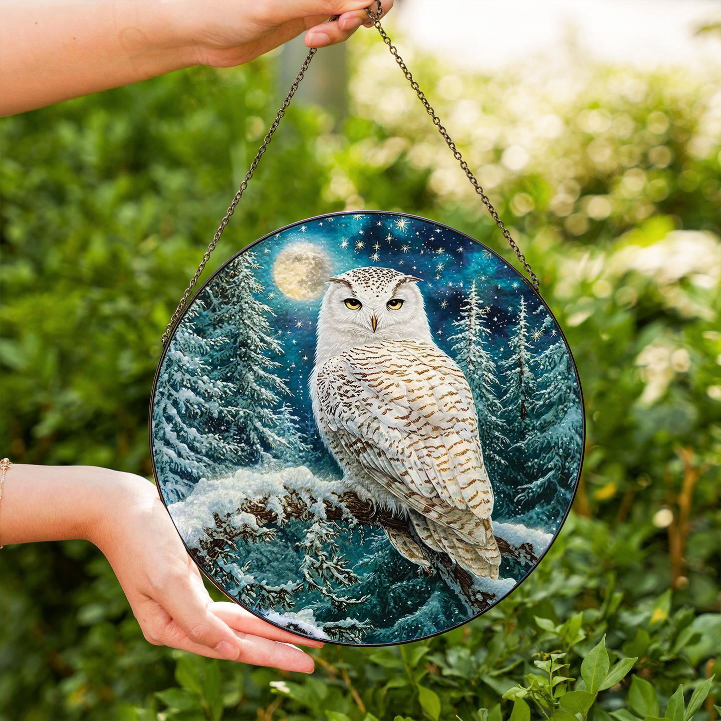 White Owl Stained Glass Effect Suncatcher for Window Hanging