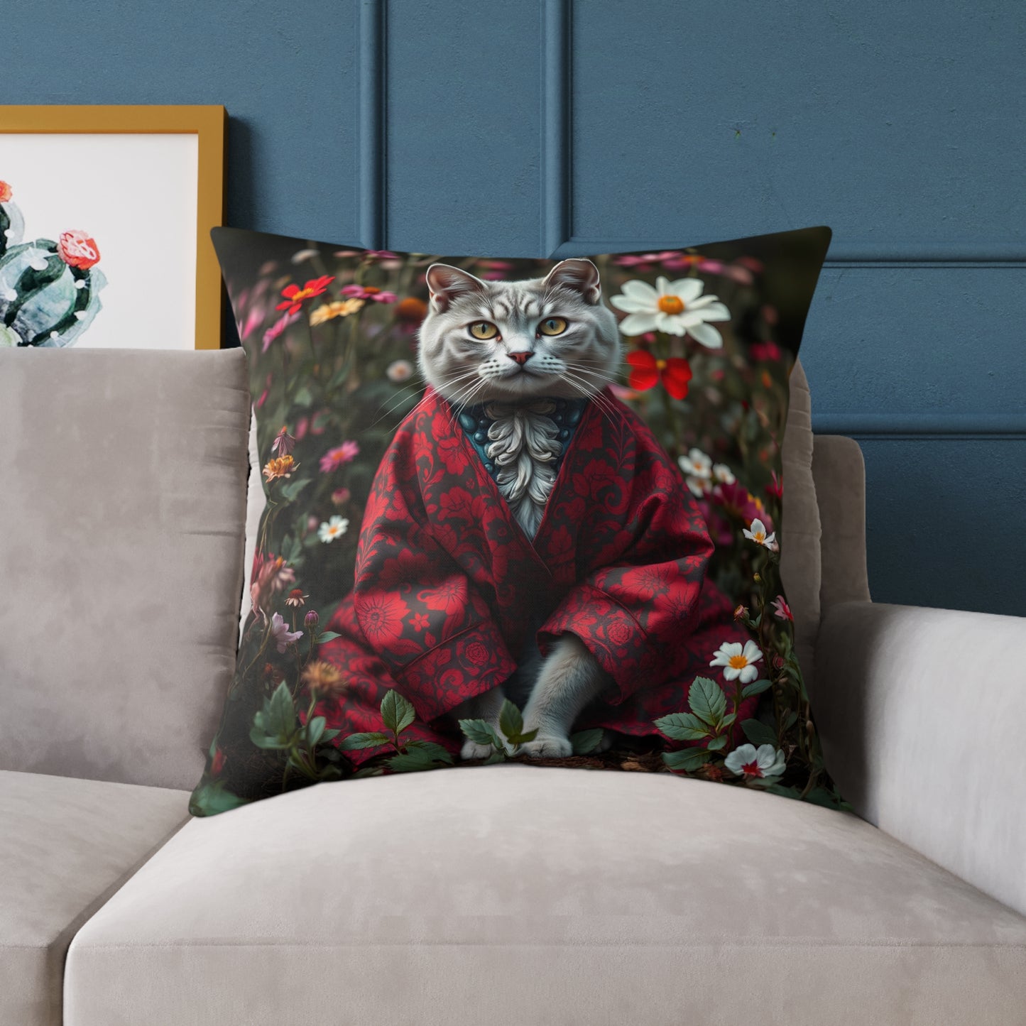 William Morris Style Cat in Kimono and Flowers Square Pillow, Botanicals and Flowers, insert included - Homevalley.co.uk