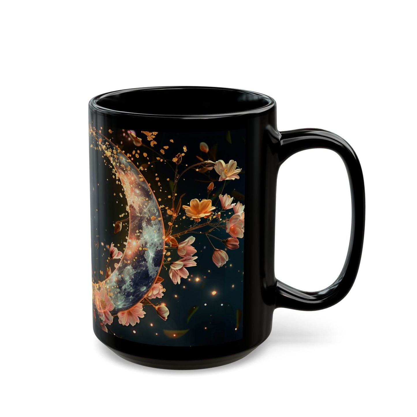 Moon and Flowers Black Coffee Mug,Tea Cup, Floral Mug, Gift for Her, Mother's Day, Gift Idea, 11oz, 15oz - Homevalley.co.uk
