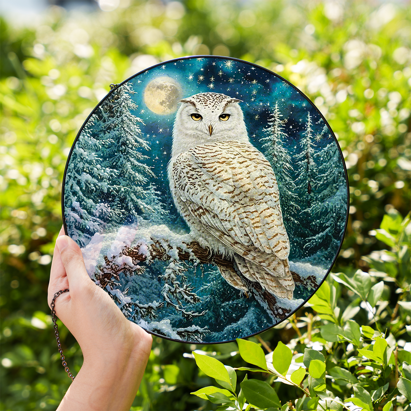 White Owl Stained Glass Effect Suncatcher for Window Hanging