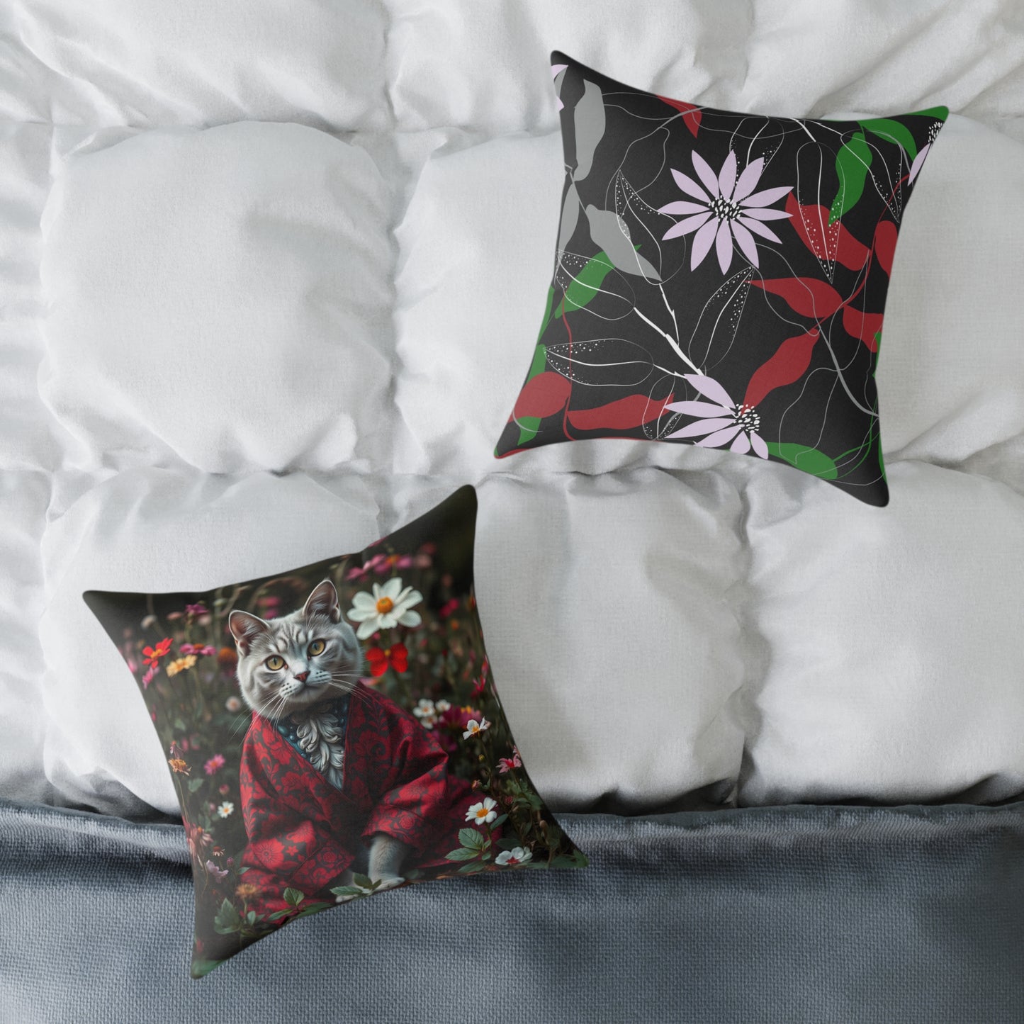 William Morris Style Cat in Kimono and Flowers Square Pillow, Botanicals and Flowers, insert included - Homevalley.co.uk