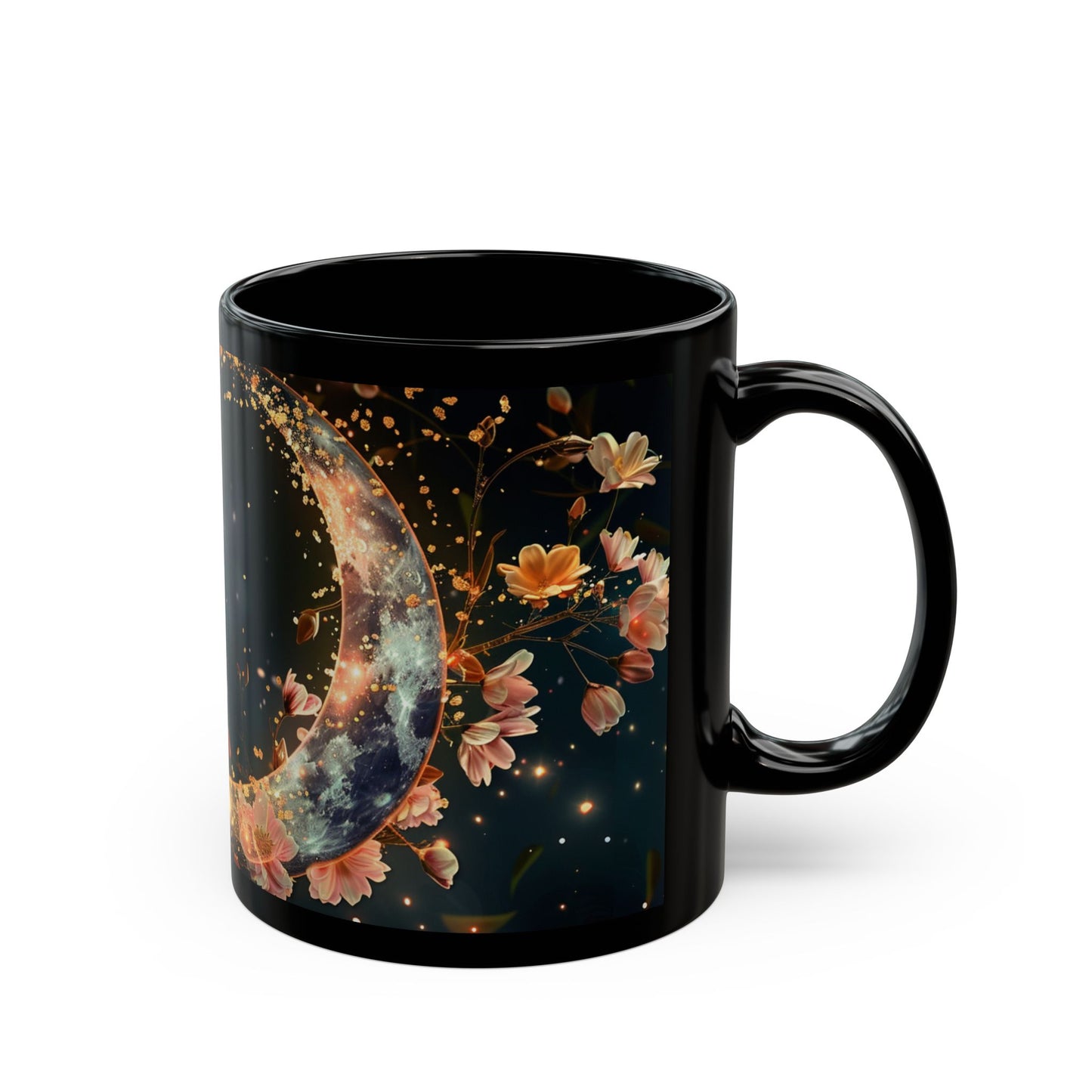 Moon and Flowers Black Coffee Mug,Tea Cup, Floral Mug, Gift for Her, Mother's Day, Gift Idea, 11oz, 15oz - Homevalley.co.uk