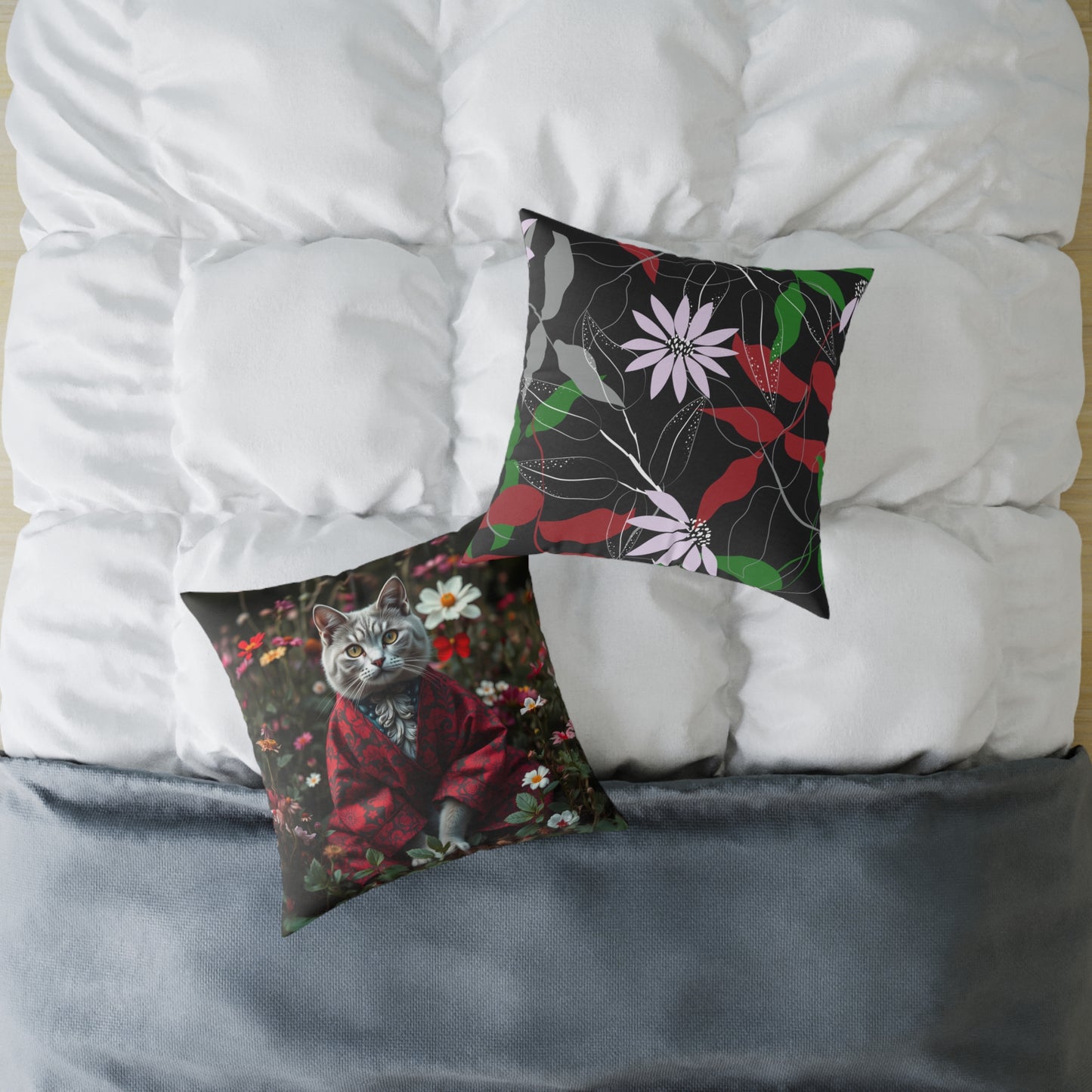 William Morris Style Cat in Kimono and Flowers Square Pillow, Botanicals and Flowers, insert included - Homevalley.co.uk