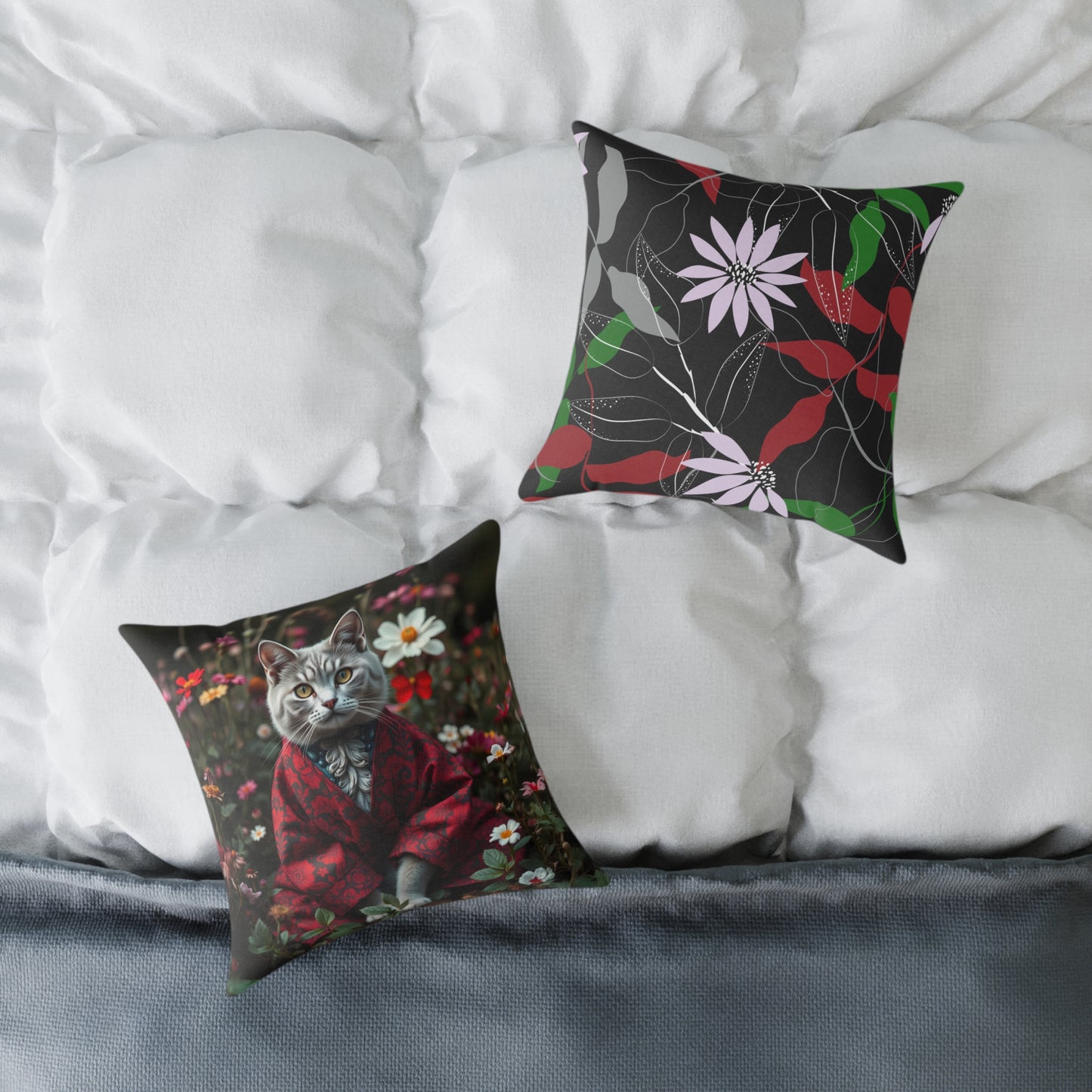 William Morris Style Cat in Kimono and Flowers Square Pillow, Botanicals and Flowers, insert included - Homevalley.co.uk