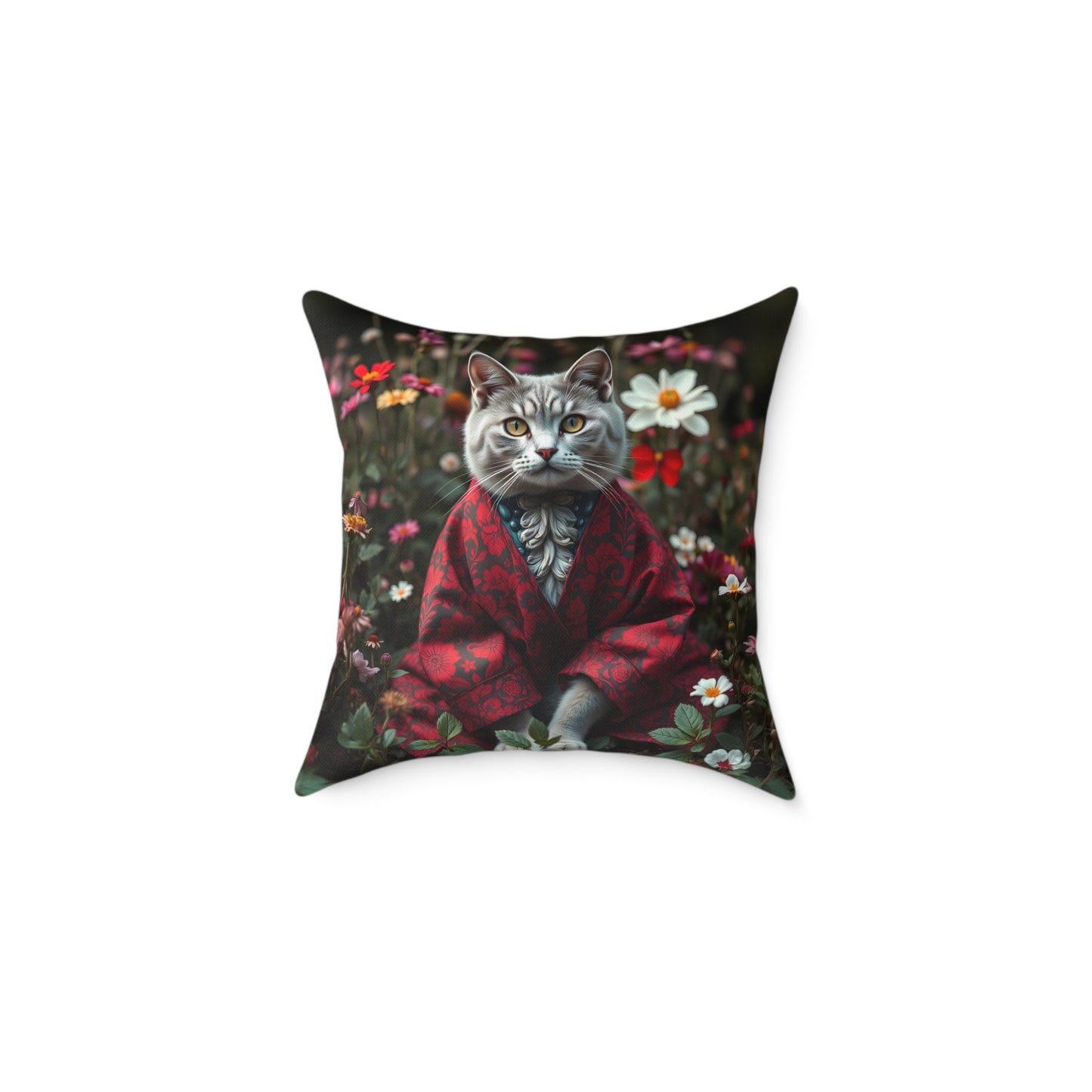 William Morris Style Cat in Kimono and Flowers Square Pillow, Botanicals and Flowers, insert included - Homevalley.co.uk
