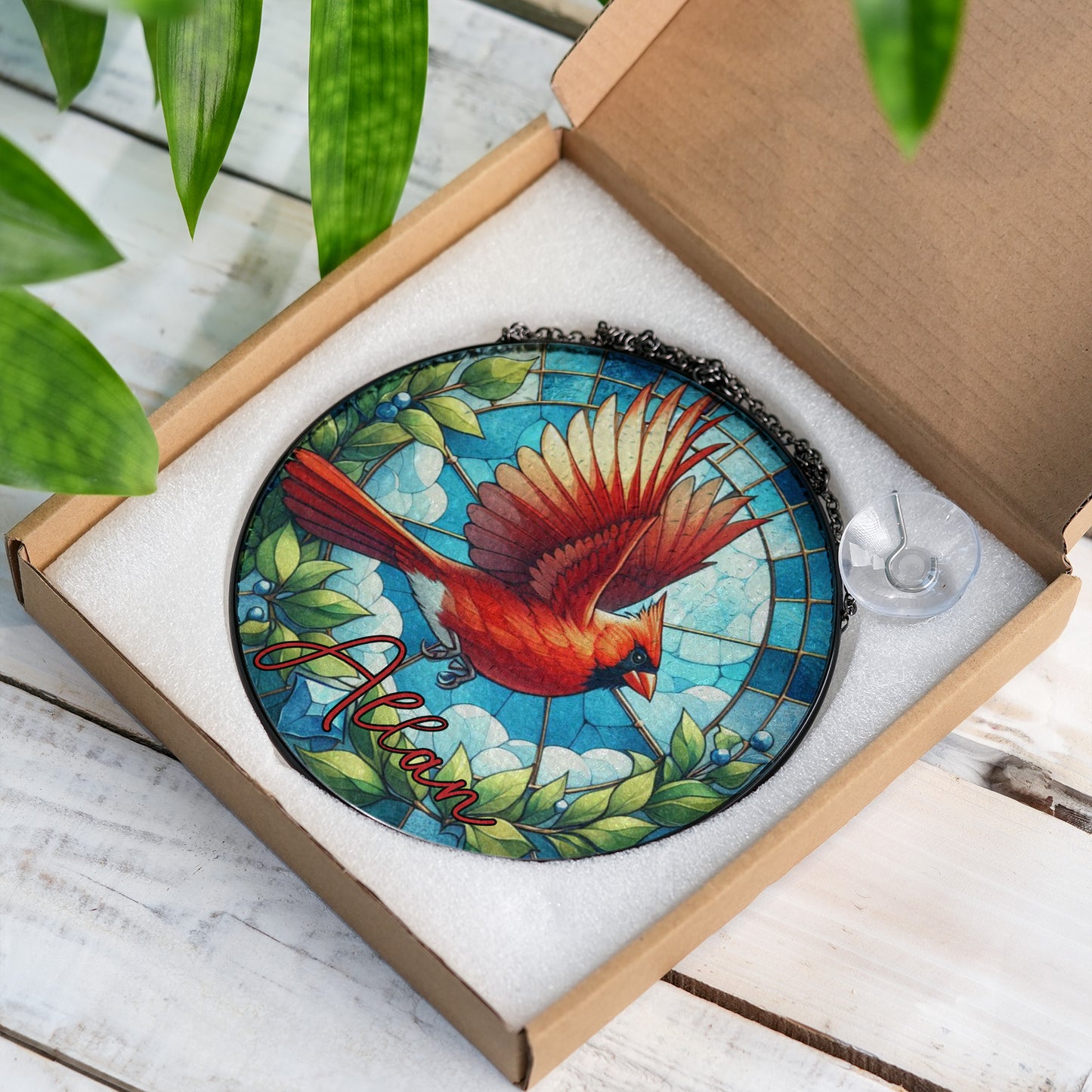 Personalized Stained Glass Cardinal Suncatcher – Custom Memorial Window Hanging