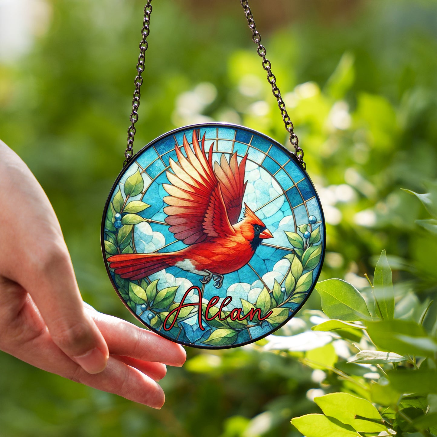 Personalized Stained Glass Cardinal Suncatcher – Custom Memorial Window Hanging