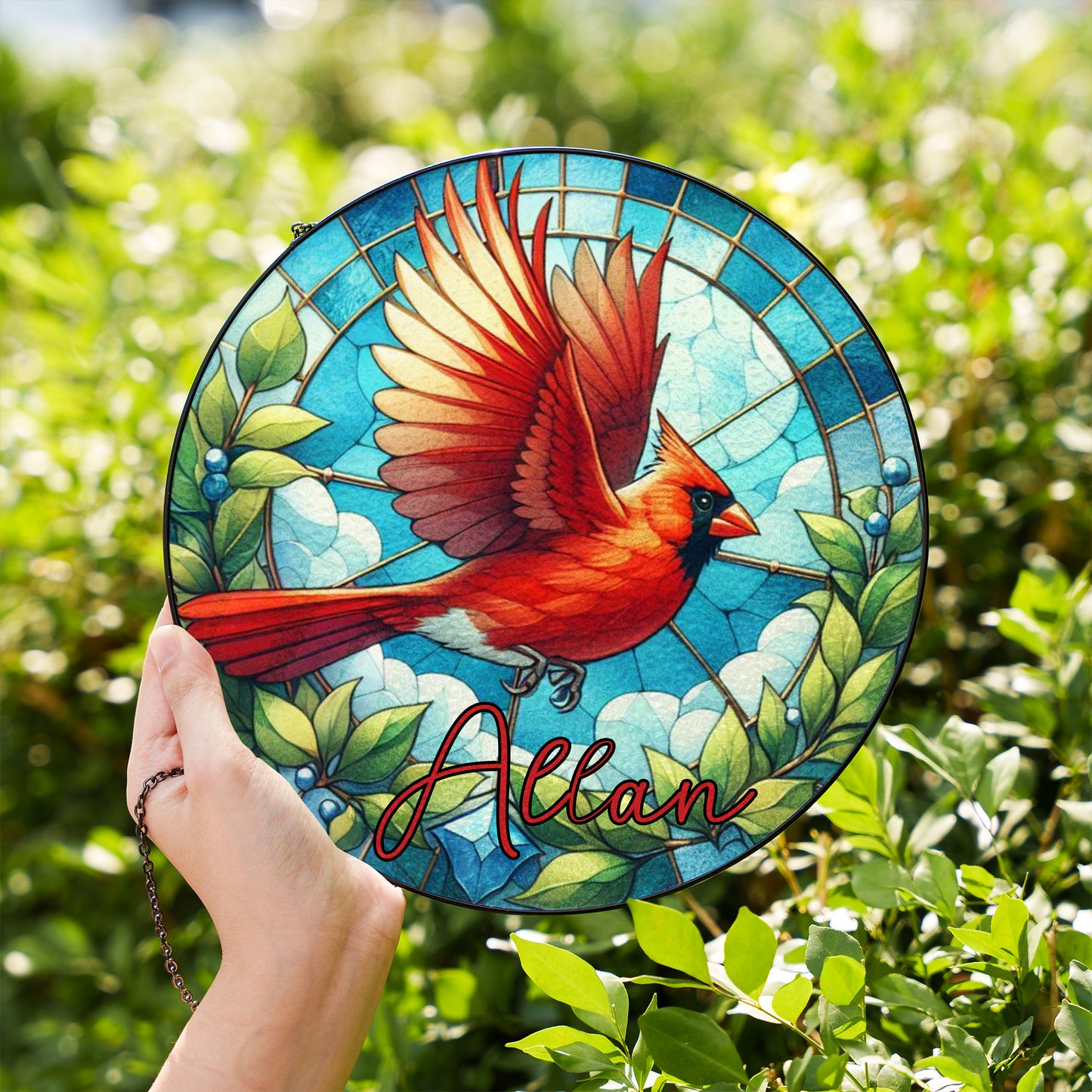 Personalized Stained Glass Cardinal Suncatcher – Custom Memorial Window Hanging