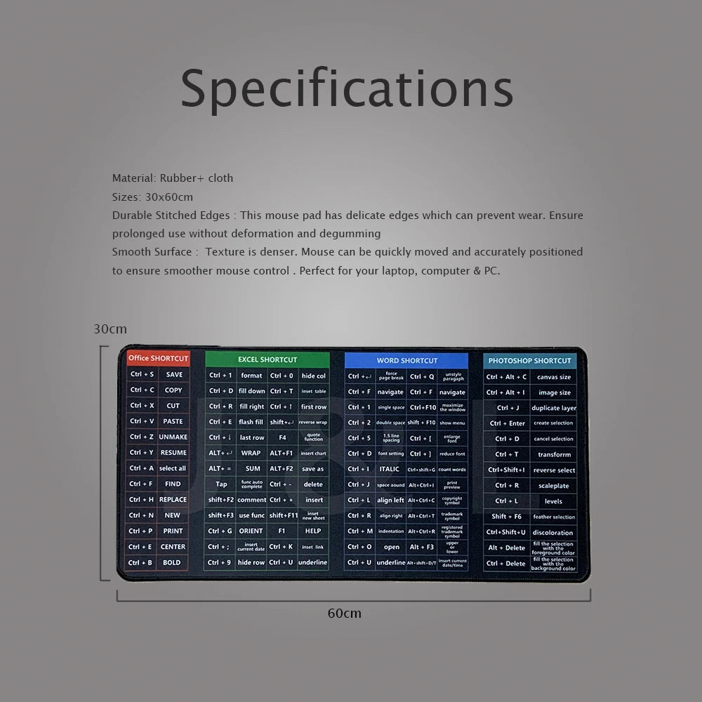 Large Mouse Pad With Shortcuts For Photoshop Office Linux Python Java script Financial Analysis - Homevalley.co.uk