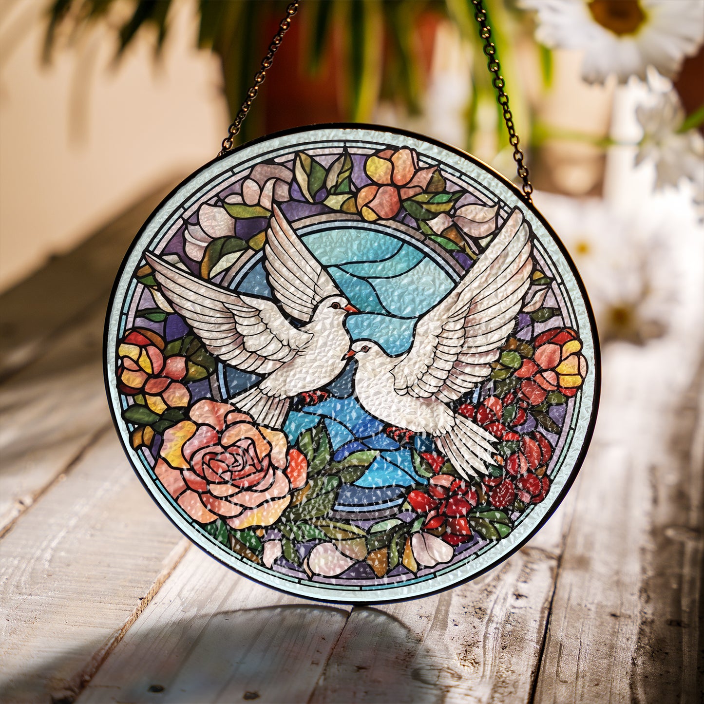 Doves Stained Glass Effect Suncatcher – Dove of Peace Window Hanging Decor