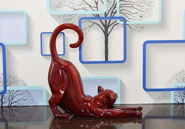 Cat Stretching Figurine – Minimalist Resin Cat Statue for Home Decor, Desk Ornament & Gift for Cat Lovers