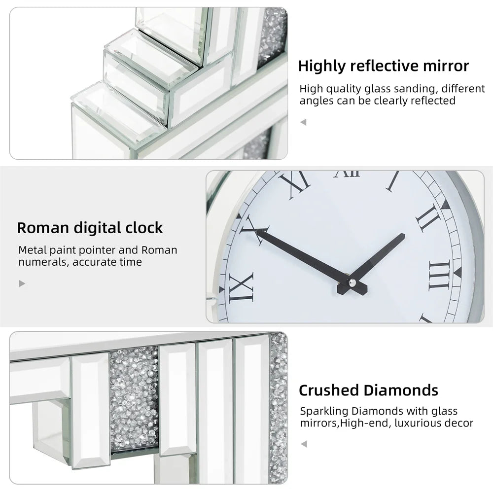 LUVODI Crushed Diamond Retro Art Roman Numeral Mirrored Wall Clock - Homevalley.co.uk