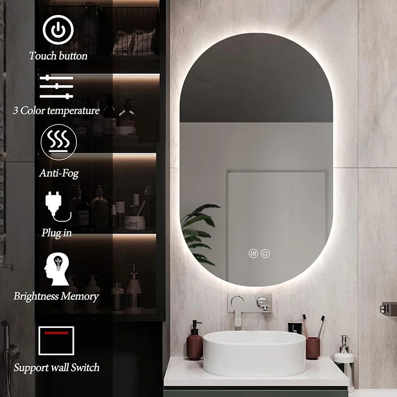 LED Backlit Bathroom Mirror – Wall Mounted, Dimmable, Anti-Fog, Waterproof Makeup Mirror with Touch Control, 3 Colour Lighting