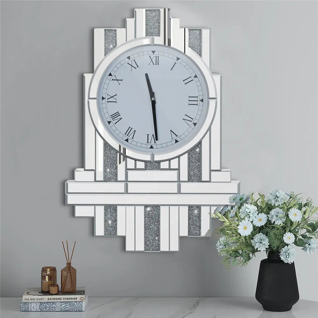 LUVODI Crushed Diamond Retro Art Roman Numeral Mirrored Wall Clock - Homevalley.co.uk