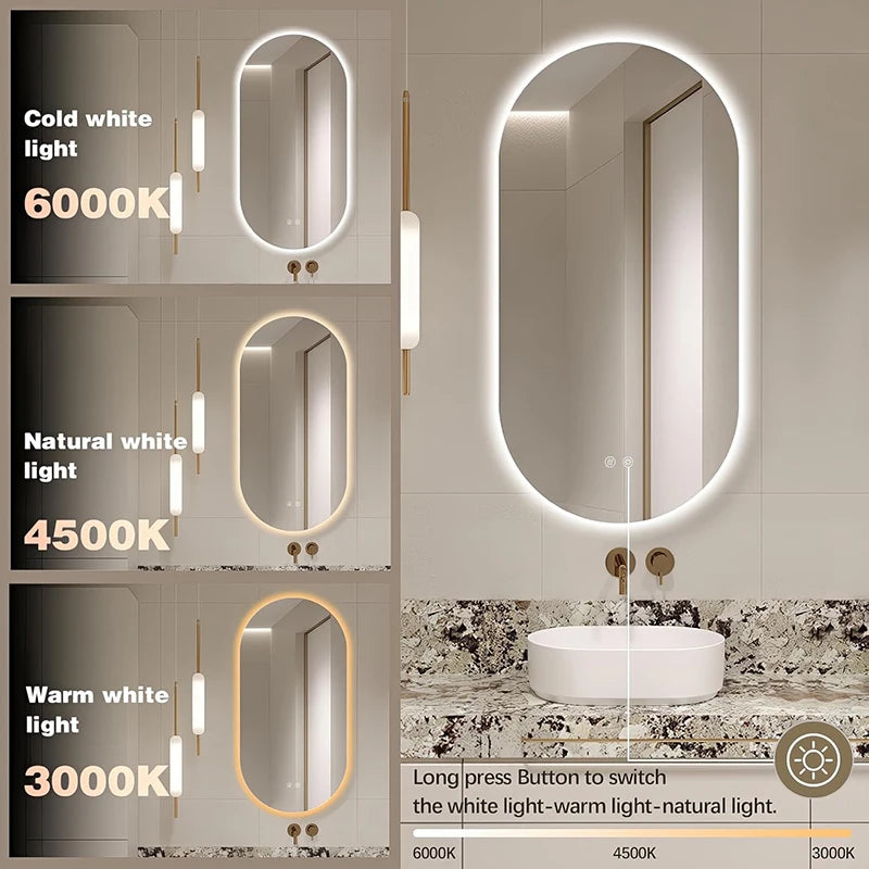 LED Backlit Bathroom Mirror – Wall Mounted, Dimmable, Anti-Fog, Waterproof Makeup Mirror with Touch Control, 3 Colour Lighting