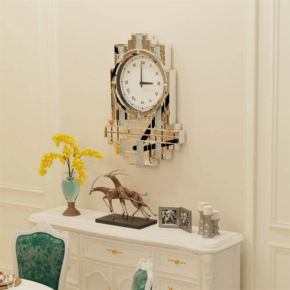 LUVODI Crushed Diamond Retro Art Roman Numeral Mirrored Wall Clock - Homevalley.co.uk