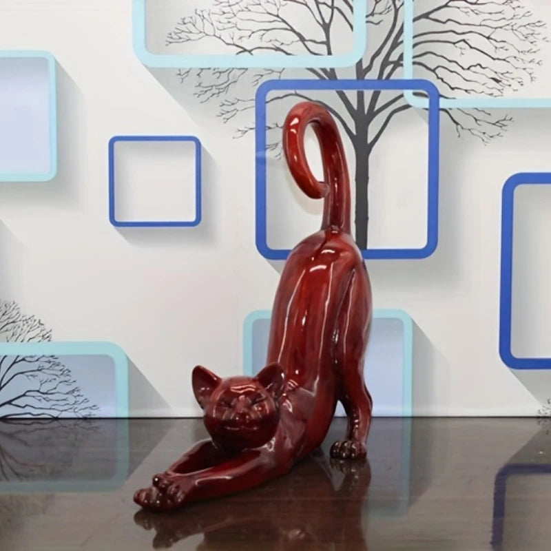 Cat Stretching Figurine – Minimalist Resin Cat Statue for Home Decor, Desk Ornament & Gift for Cat Lovers