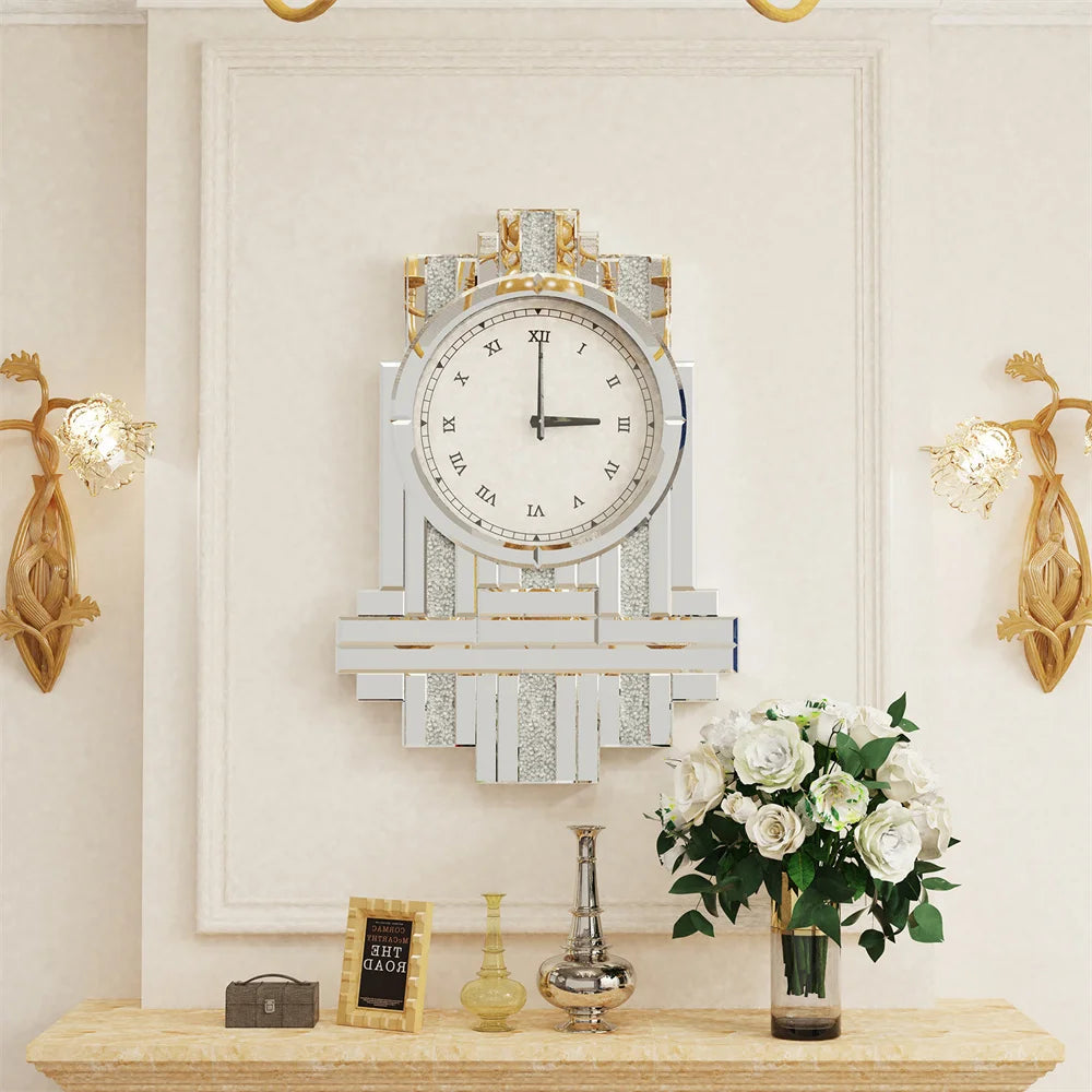 LUVODI Crushed Diamond Retro Art Roman Numeral Mirrored Wall Clock - Homevalley.co.uk