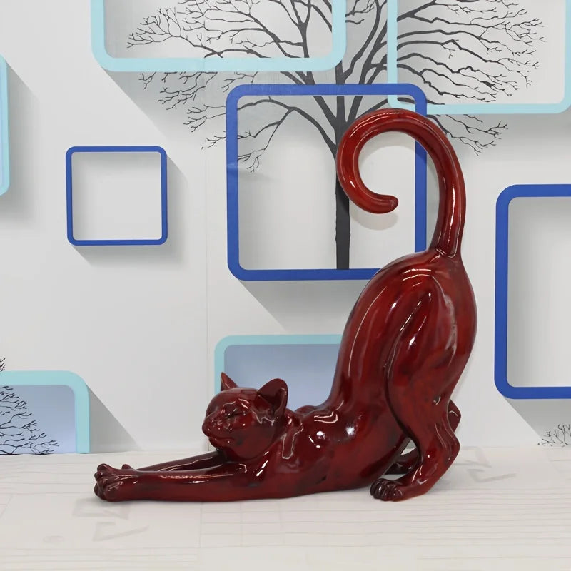 Cat Stretching Figurine – Minimalist Resin Cat Statue for Home Decor, Desk Ornament & Gift for Cat Lovers