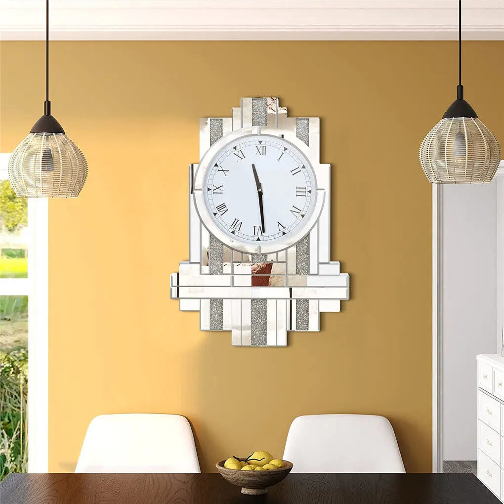 LUVODI Crushed Diamond Retro Art Roman Numeral Mirrored Wall Clock - Homevalley.co.uk