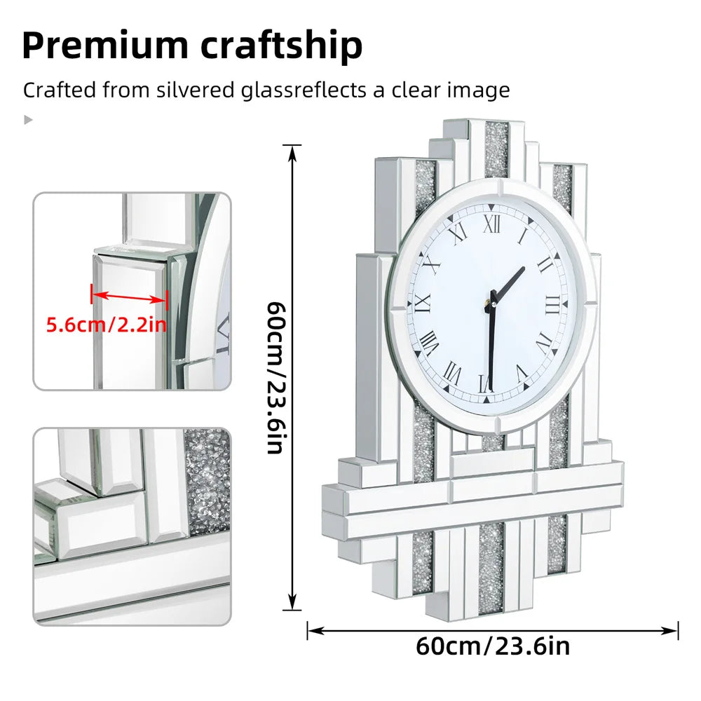 LUVODI Crushed Diamond Retro Art Roman Numeral Mirrored Wall Clock - Homevalley.co.uk