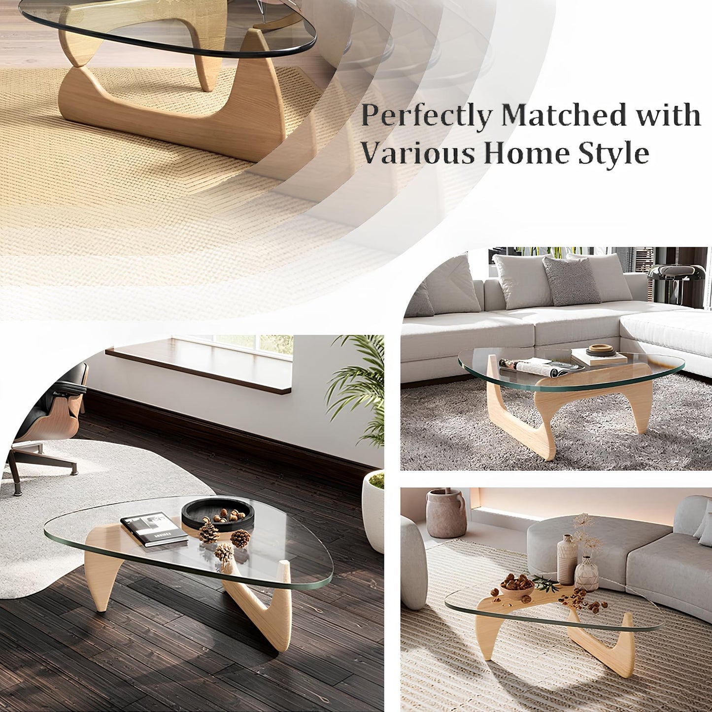 Ash Wood Nordic Tempered Glass Irregular Round Coffee Table - Homevalley.co.uk
