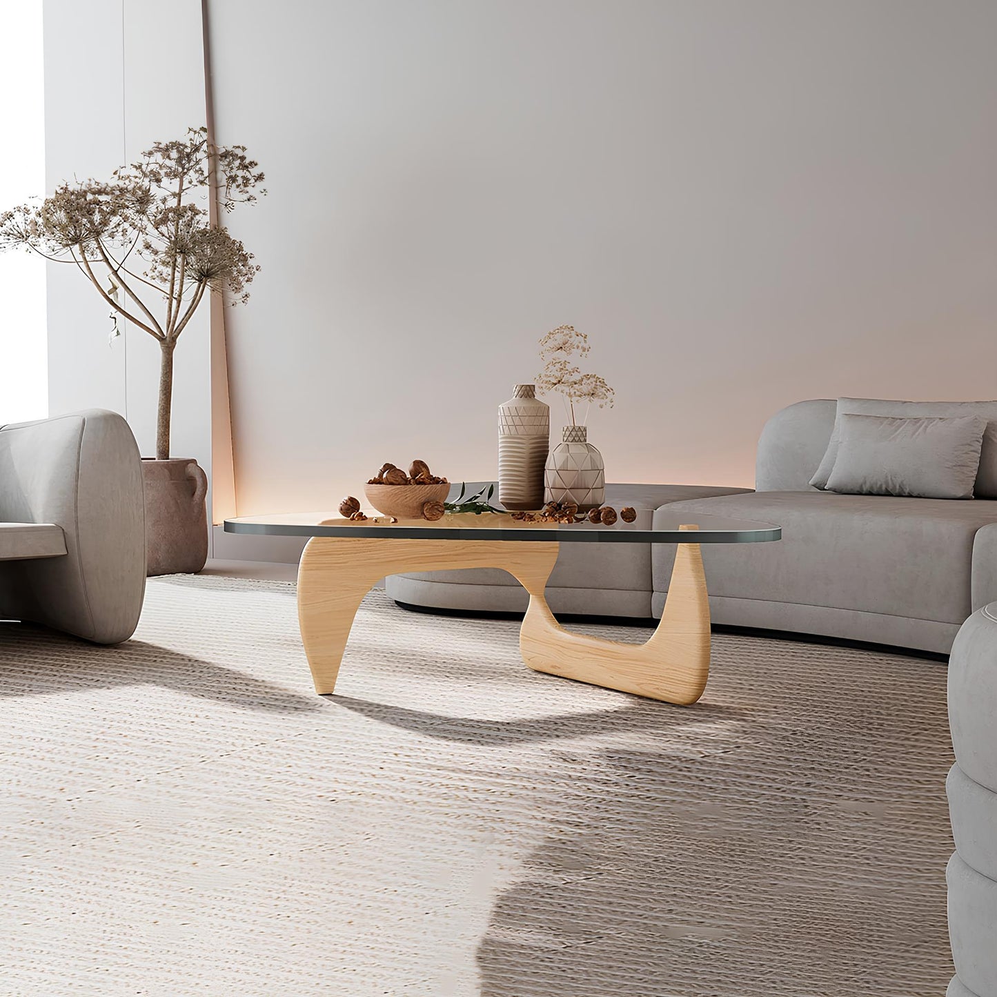 Ash Wood Nordic Tempered Glass Irregular Round Coffee Table - Homevalley.co.uk