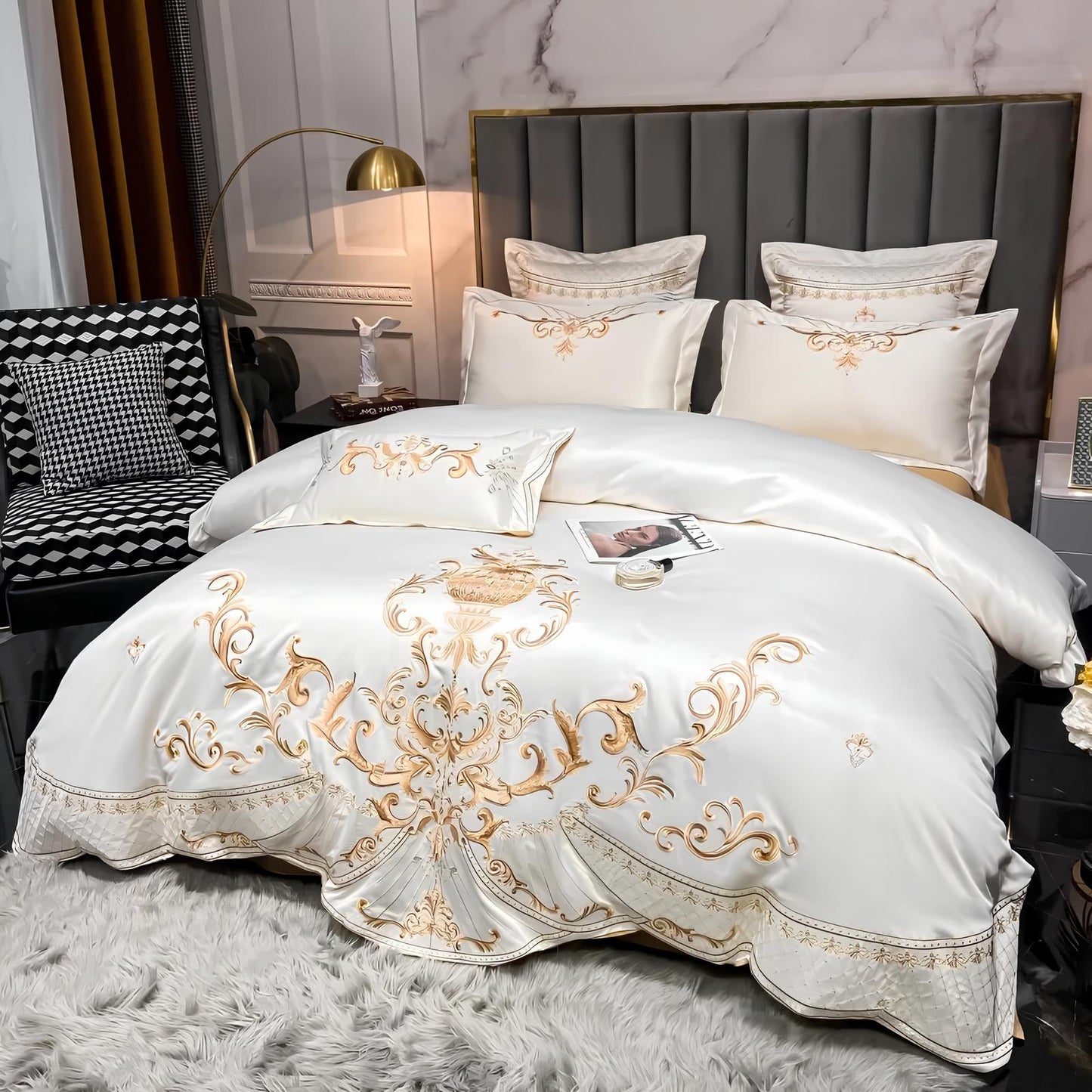 Beige - White Luxury Royal Gold Embroidery Glossy Cotton Bedding Set, 400TC - Homevalley.co.uk