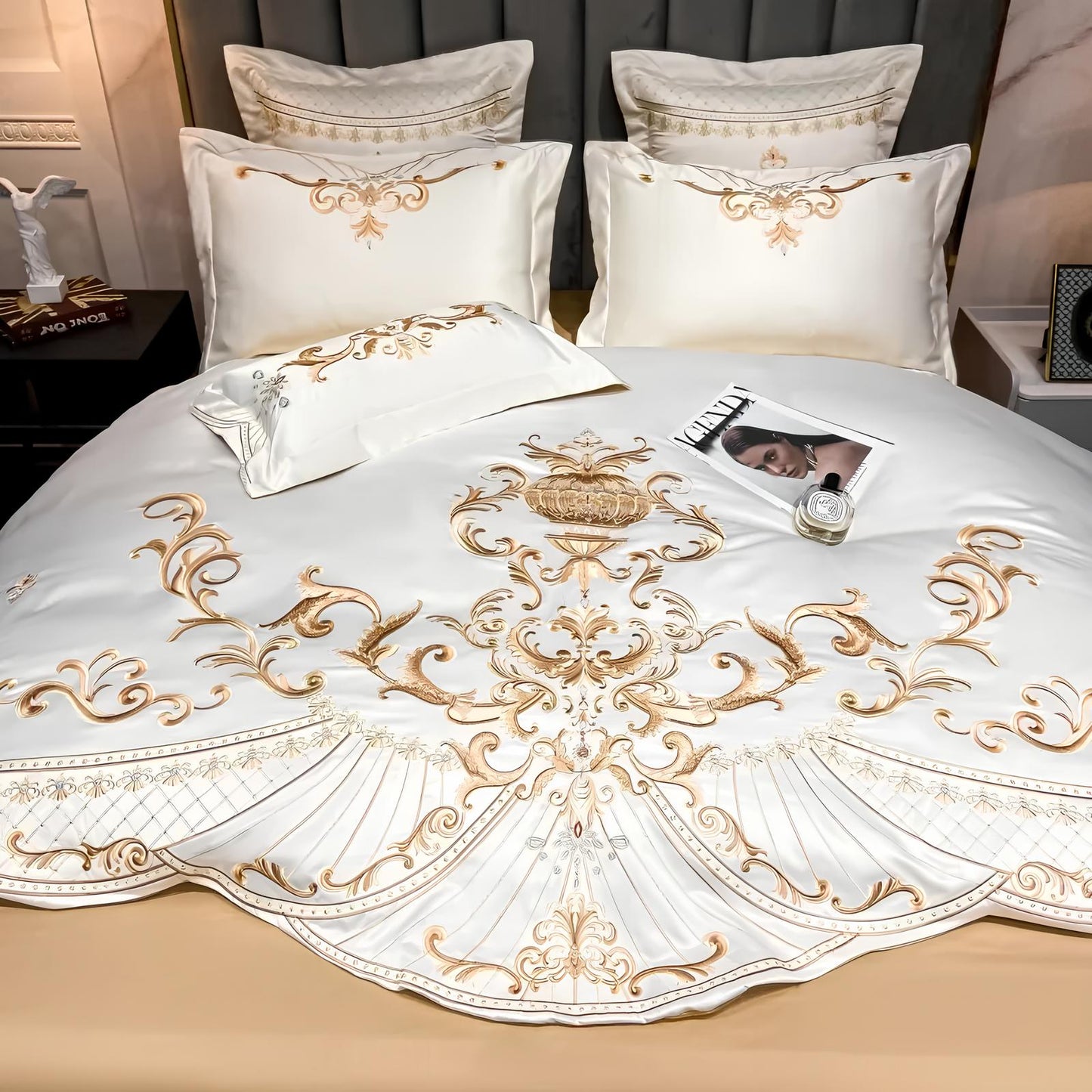 Beige - White Luxury Royal Gold Embroidery Glossy Cotton Bedding Set, 400TC - Homevalley.co.uk