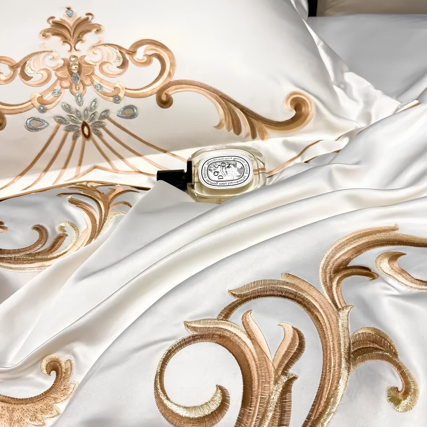 Beige - White Luxury Royal Gold Embroidery Glossy Cotton Bedding Set, 400TC - Homevalley.co.uk