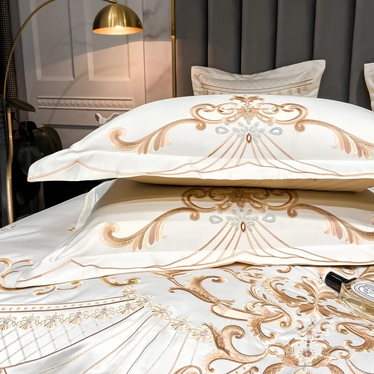 Beige - White Luxury Royal Gold Embroidery Glossy Cotton Bedding Set, 400TC - Homevalley.co.uk