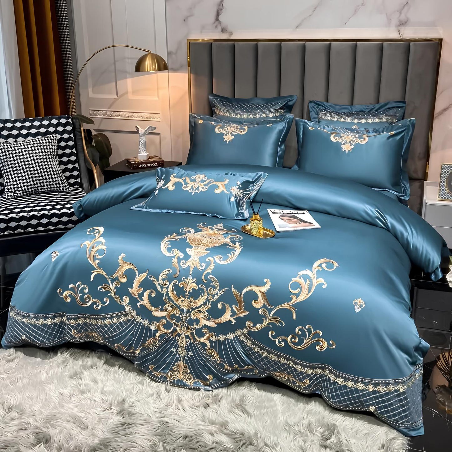 Blue Luxury Glossy Cotton Bedding Set with Royal Gold Embroidery , 400TC - Homevalley.co.uk