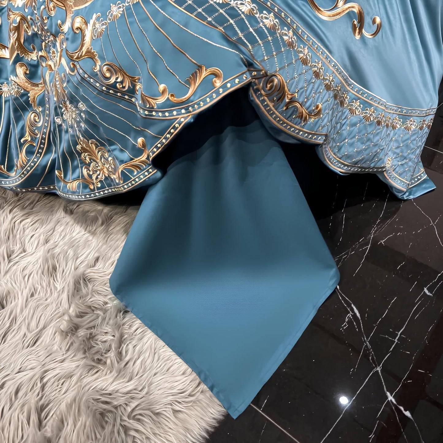 Blue Luxury Glossy Cotton Bedding Set with Royal Gold Embroidery , 400TC - Homevalley.co.uk