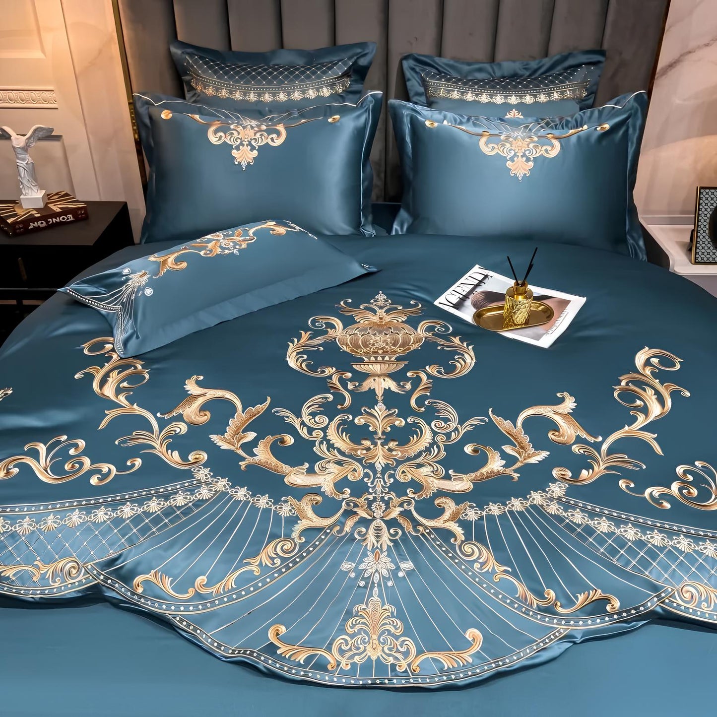 Blue Luxury Glossy Cotton Bedding Set with Royal Gold Embroidery , 400TC - Homevalley.co.uk
